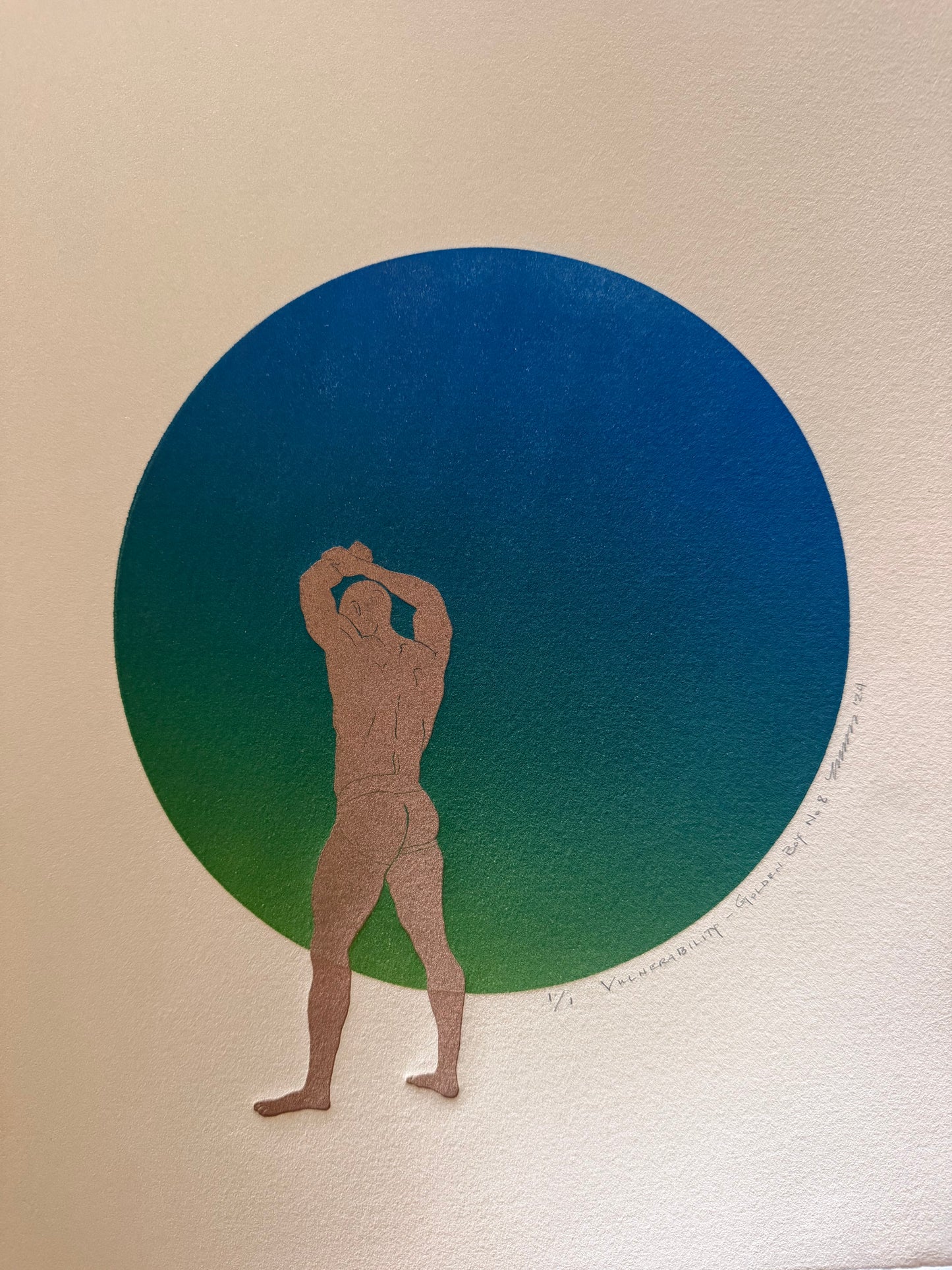 “Vulnerability - Golden Boy No. 8” on Tan Paper. 11x15 Art. Unmatted.