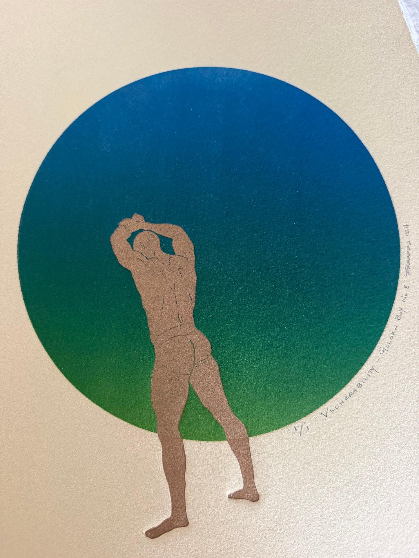 “Vulnerability - Golden Boy No. 8” on Tan Paper. 11x15 Art. Unmatted.