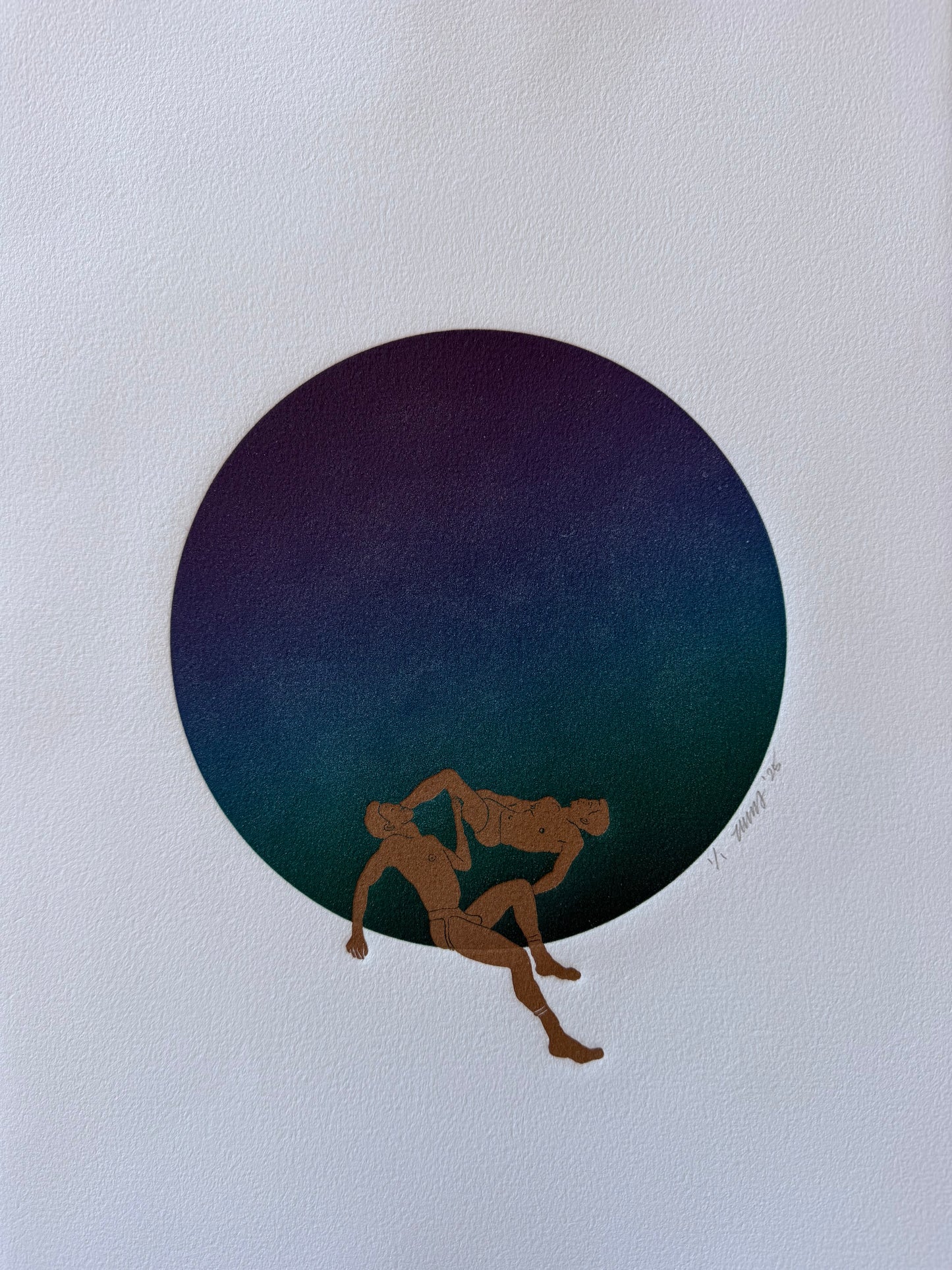 Lazy Gays on Purple-Blue-Green Ombre Circle. 11x15 Art. Unmatted.