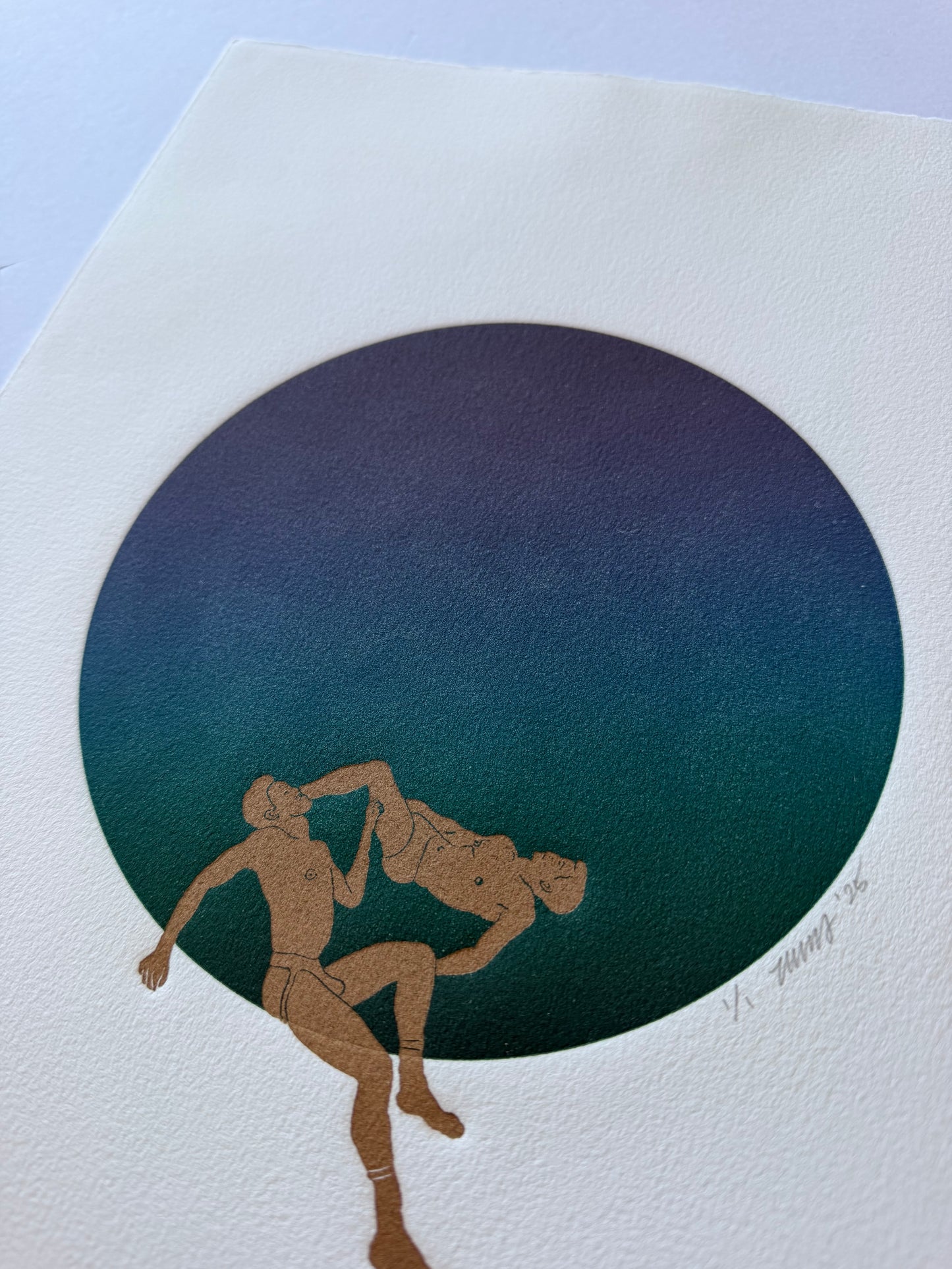 Lazy Gays on Purple-Blue-Green Ombre Circle. 11x15 Art. Unmatted.