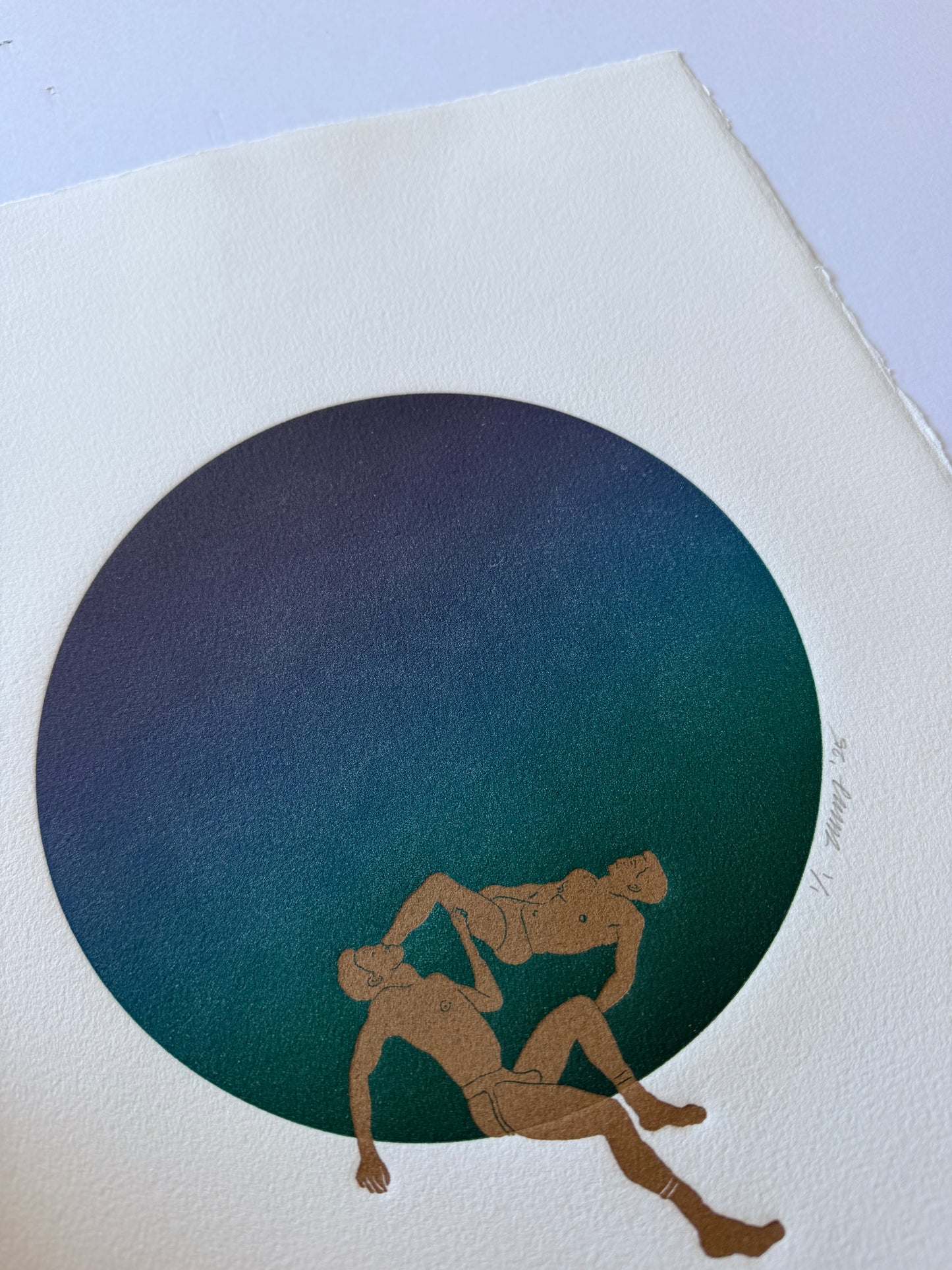 Lazy Gays on Purple-Blue-Green Ombre Circle. 11x15 Art. Unmatted.