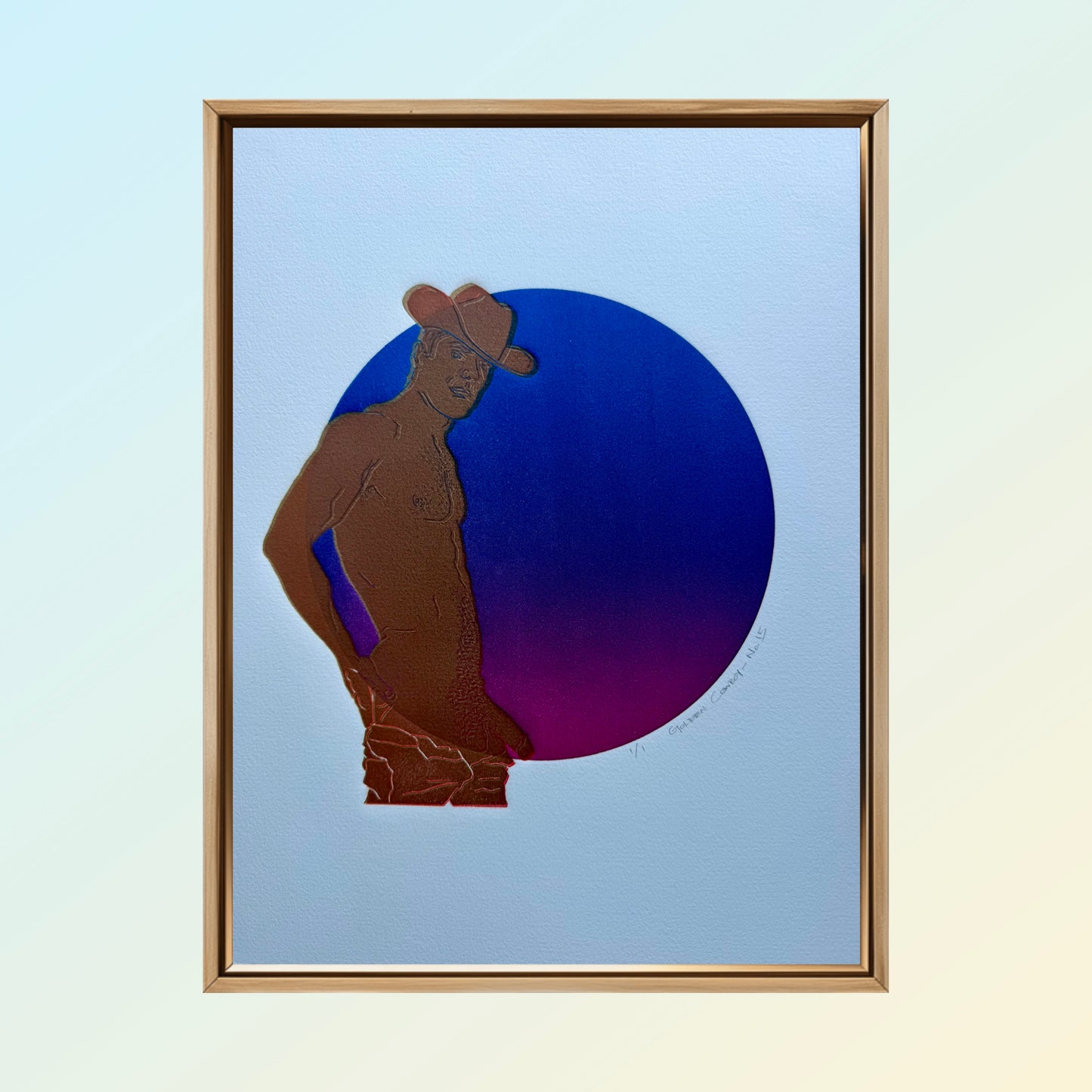 “Golden Cowboy - No. 15”. Blue-Purple Ombre Circle. 11x15 Art. Unmatted.