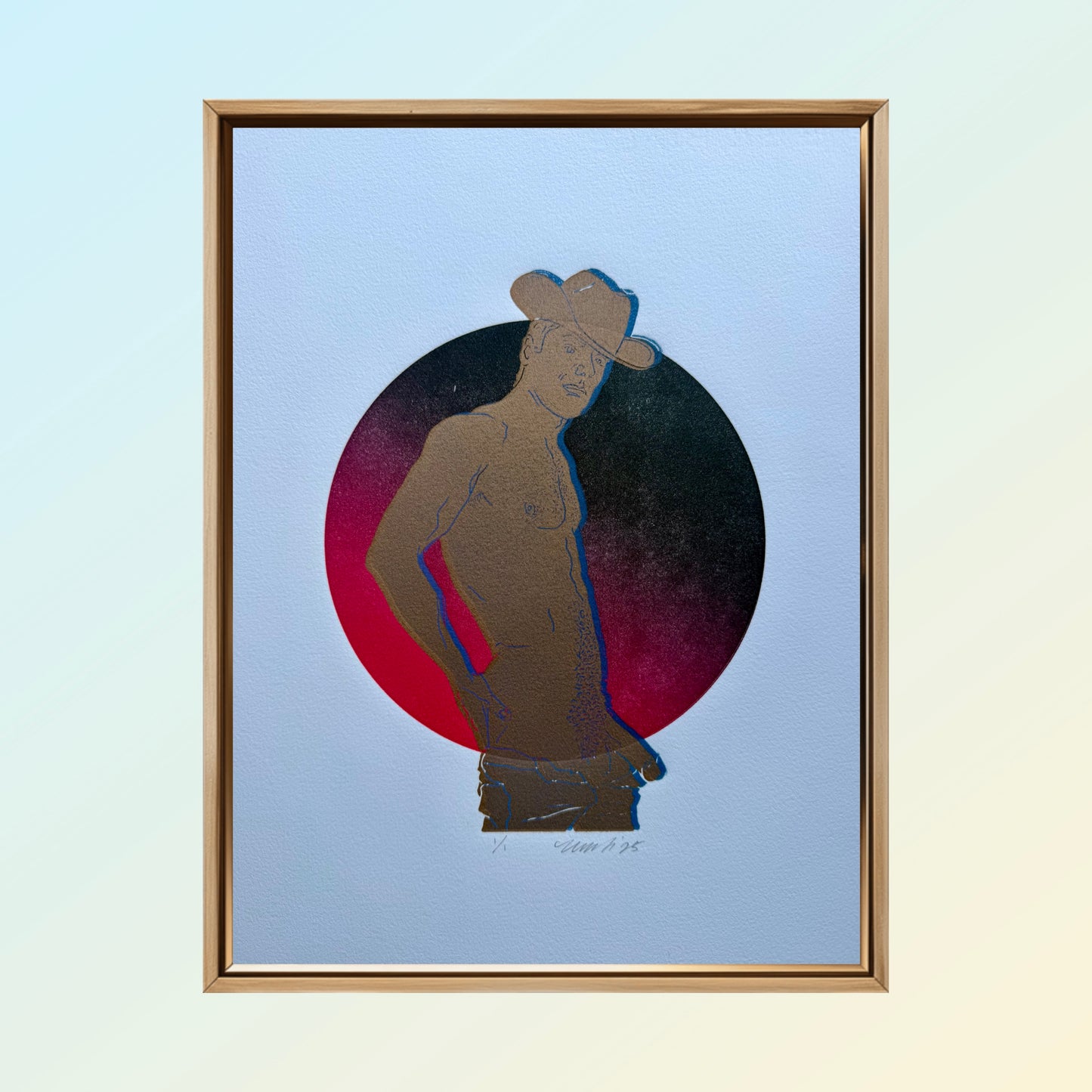 Gold Cowboy. Blue Rim. Dark Red Ombre Circle. 11x15 Art. Unmatted.