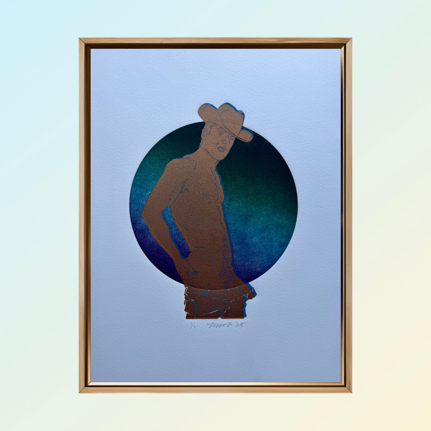 Gold Cowboy. Blue Rim. Green-Blue Ombre Circle. 11x15 Art. Unmatted.
