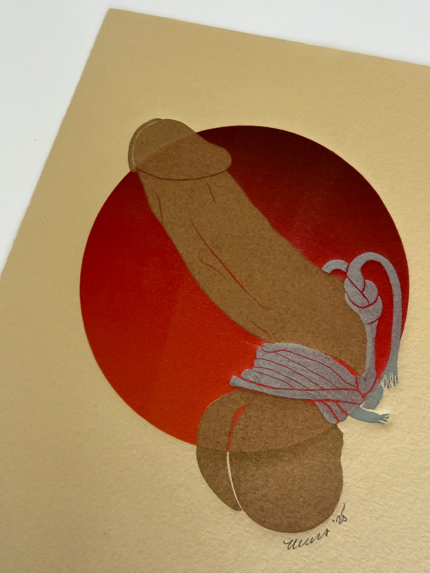 “Golden with Silver Binding” on Red Ombre Circle. Tan Paper. 8x10 Art. Unmatted.