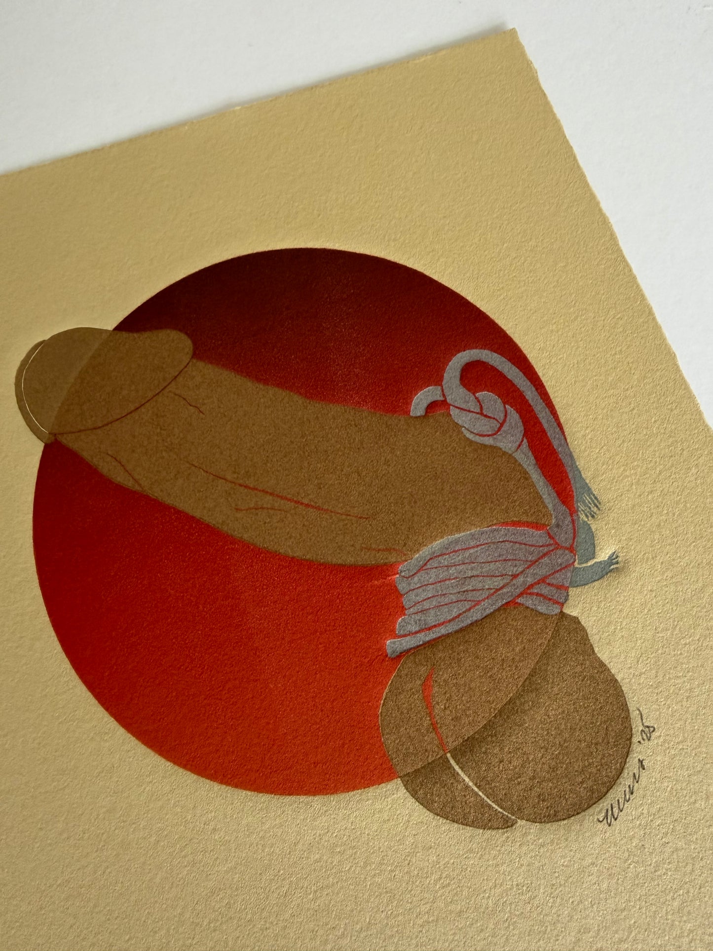 “Golden with Silver Binding” on Red Ombre Circle. Tan Paper. 8x10 Art. Unmatted.