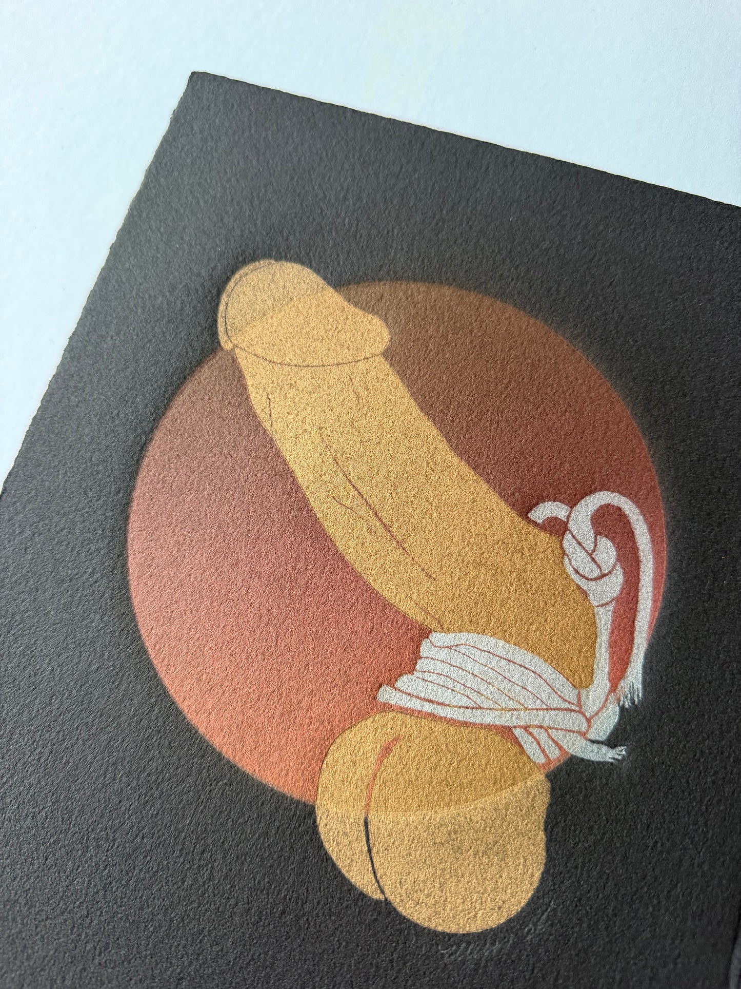 “Golden with Silver Binding”. Red Circle. Black Paper. 8x10 Art. Unmatted.
