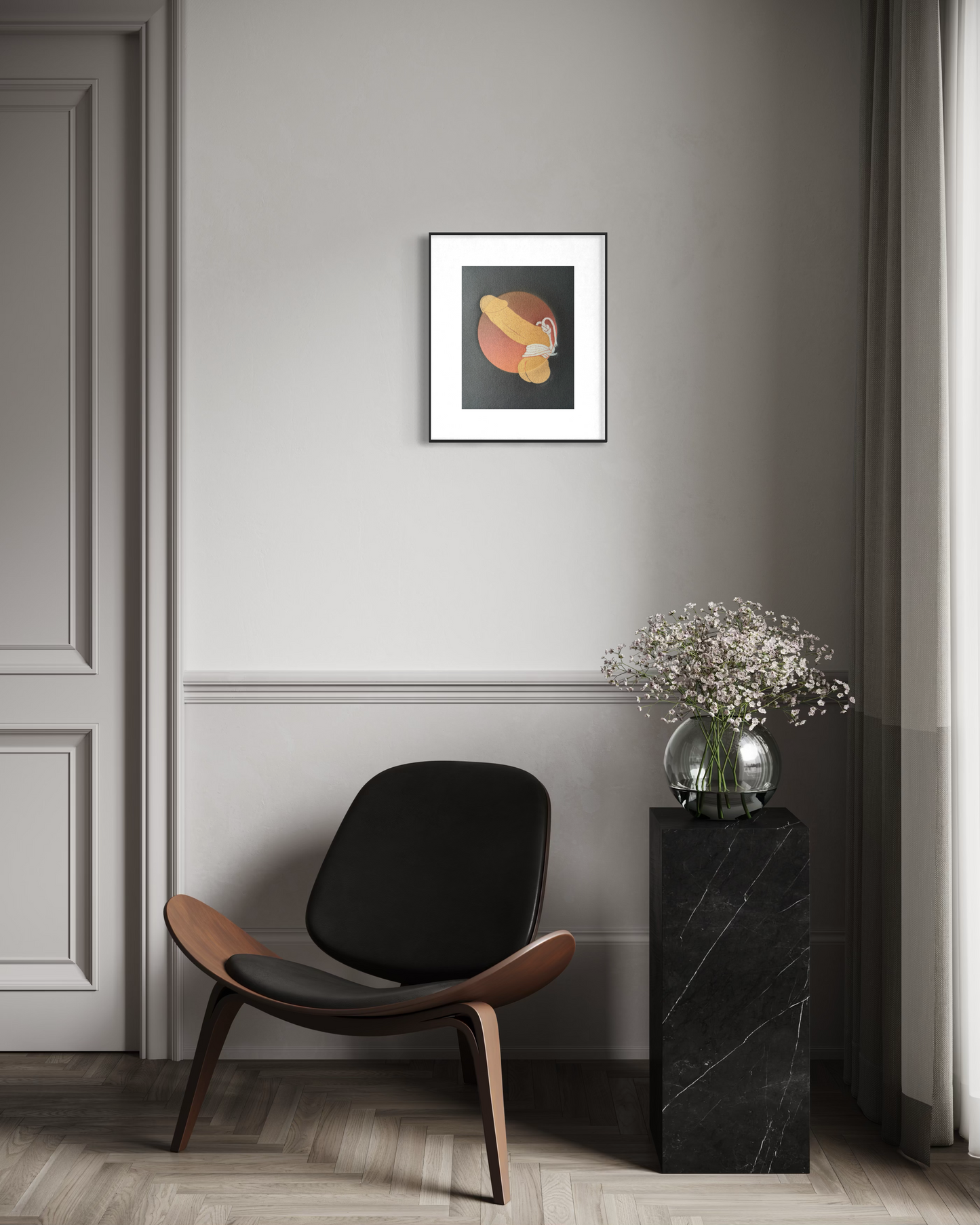 “Golden with Silver Binding”. Red Circle. Black Paper. 8x10 Art. Unmatted.