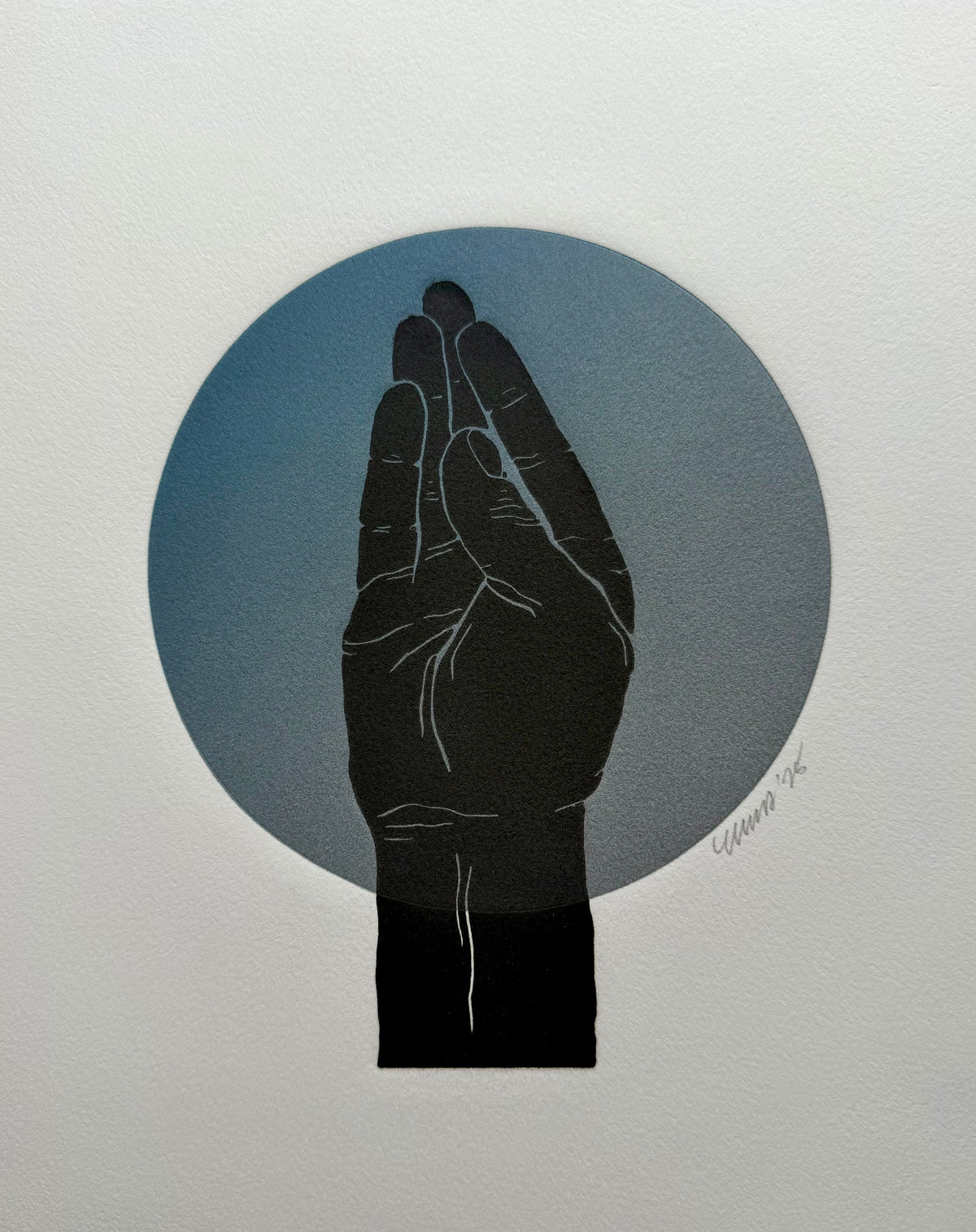 “Chef’s Kiss”. Black Fist, Silver/Blue Circle. 8x10 Art. Unmatted.