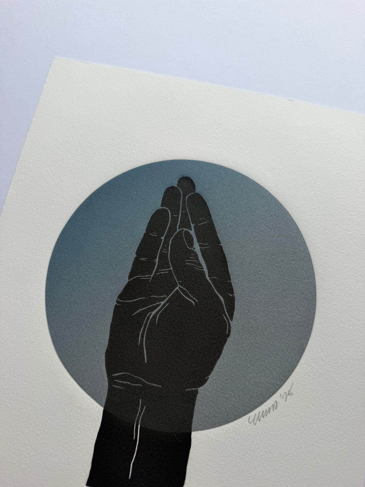 “Chef’s Kiss”. Black Fist, Silver/Blue Circle. 8x10 Art. Unmatted.