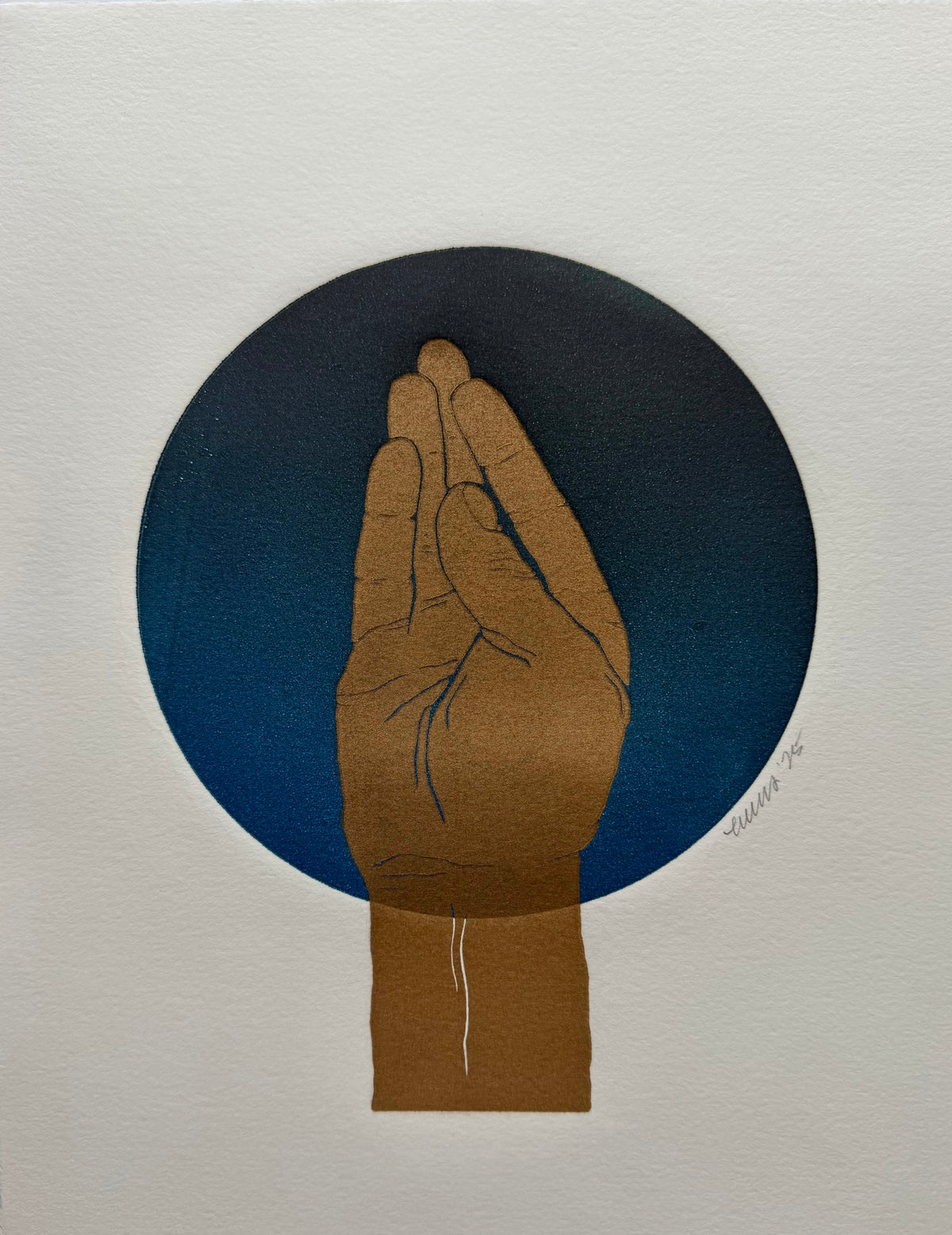 “Chef’s Kiss”. Gold Fist, Dark Blue Circle. 8x10 Art. Unmatted.