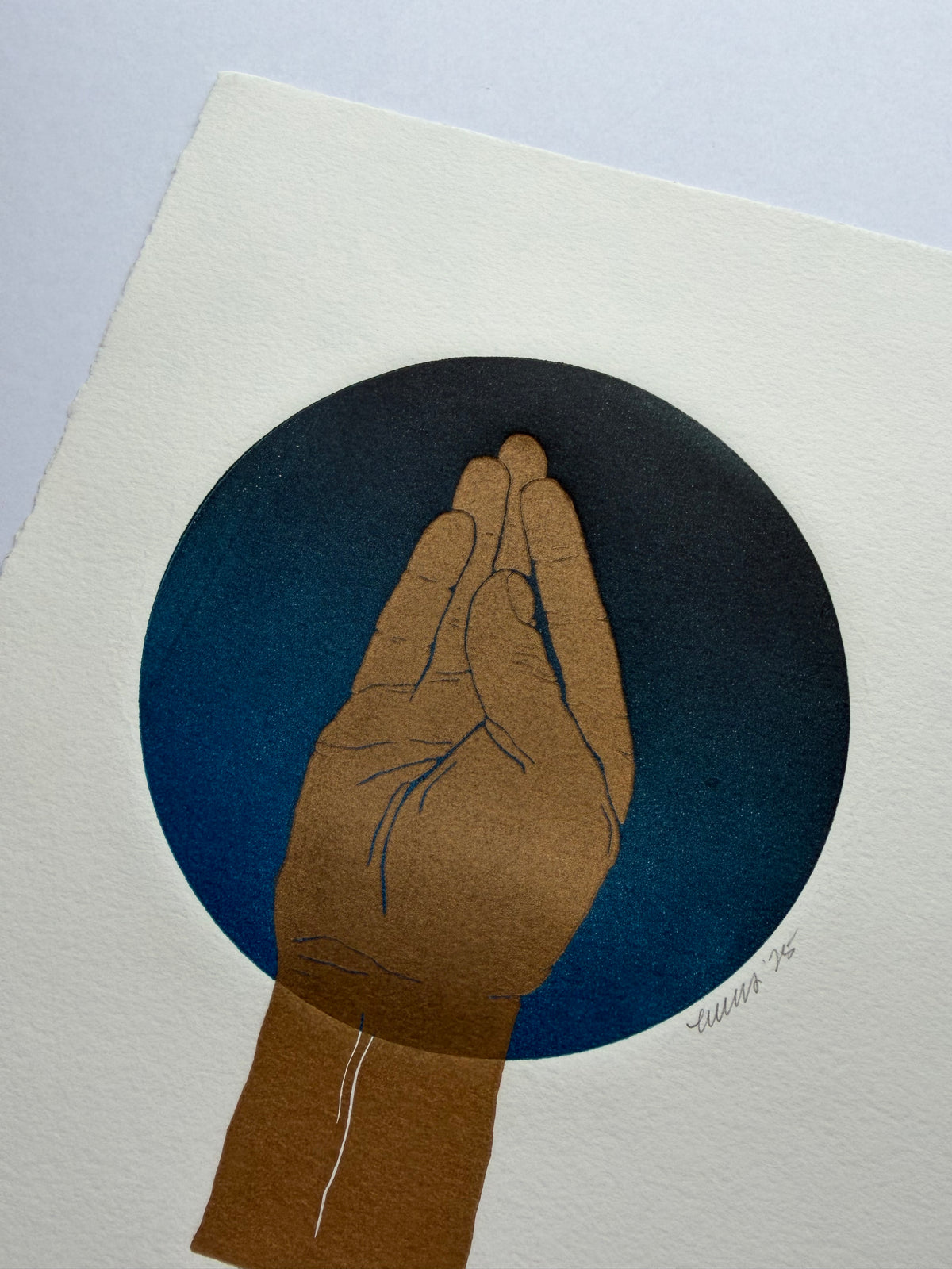 “Chef’s Kiss”. Gold Fist, Dark Blue Circle. 8x10 Art. Unmatted.