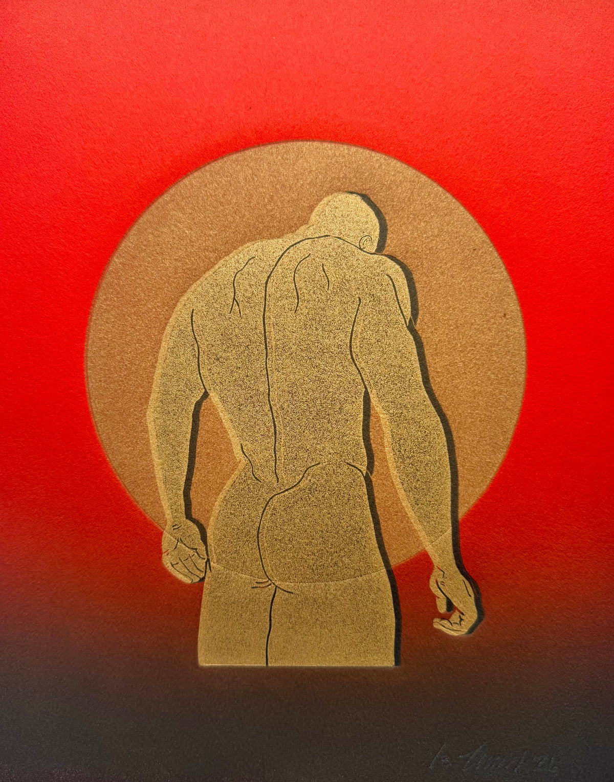 "Good Boy - No. 3". Gold Figure, Black Shadow, Red Ombre Paper. 8x10 Art.