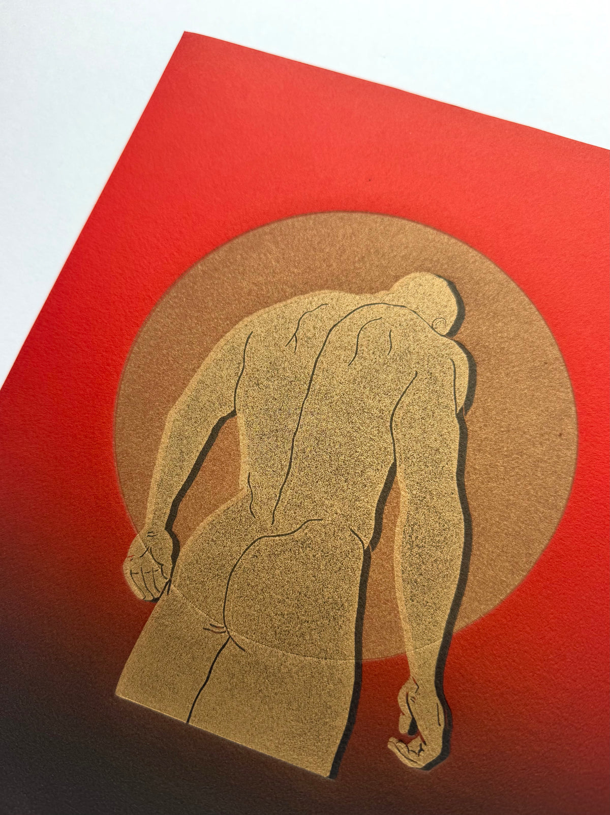 "Good Boy - No. 3". Gold Figure, Black Shadow, Red Ombre Paper. 8x10 Art.