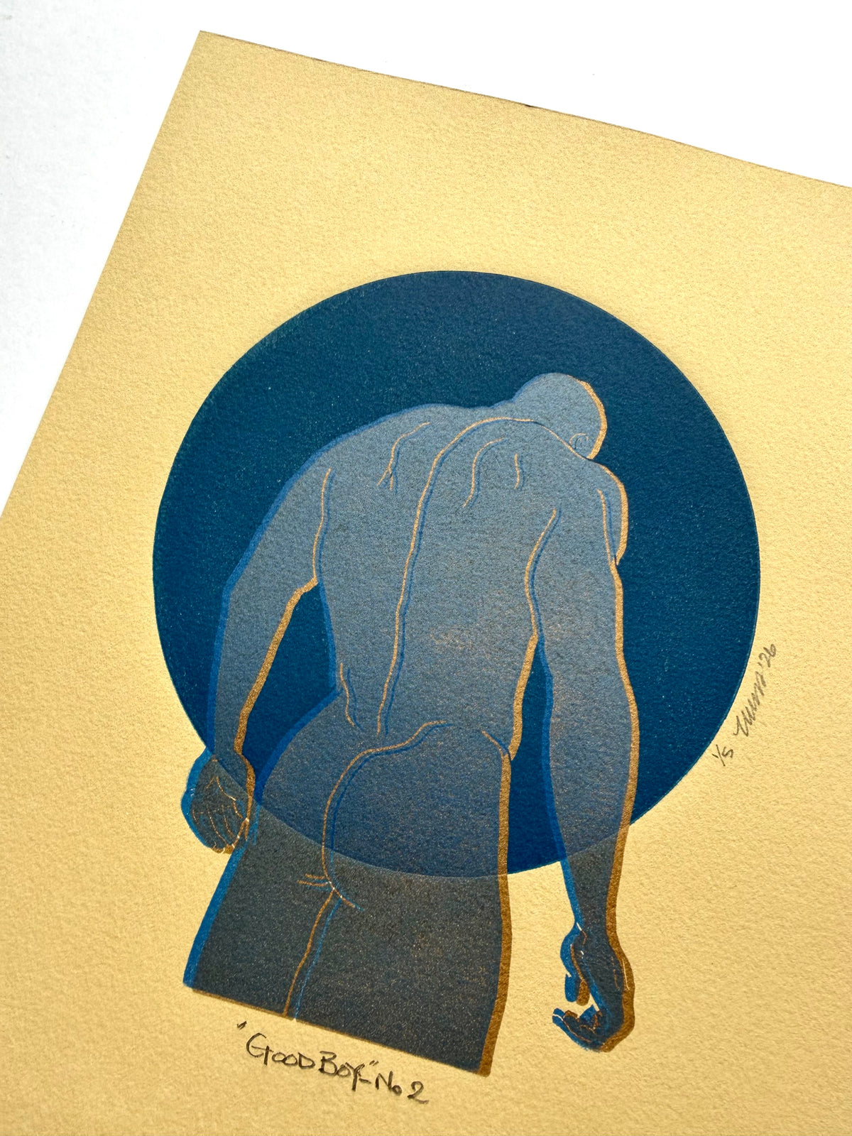 "Good Boy - No. 2”. Blue Figure, Gold Shadow. Tan Paper. 8x10 Art. Unmatted.