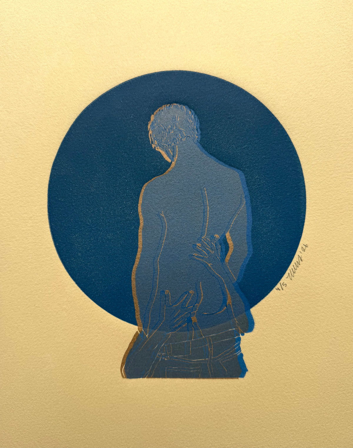 “Boys Will Be Boys - No. 10”. Blue Figure, Gold Shadow. Tan Paper. 8x10 Art. Unmatted.