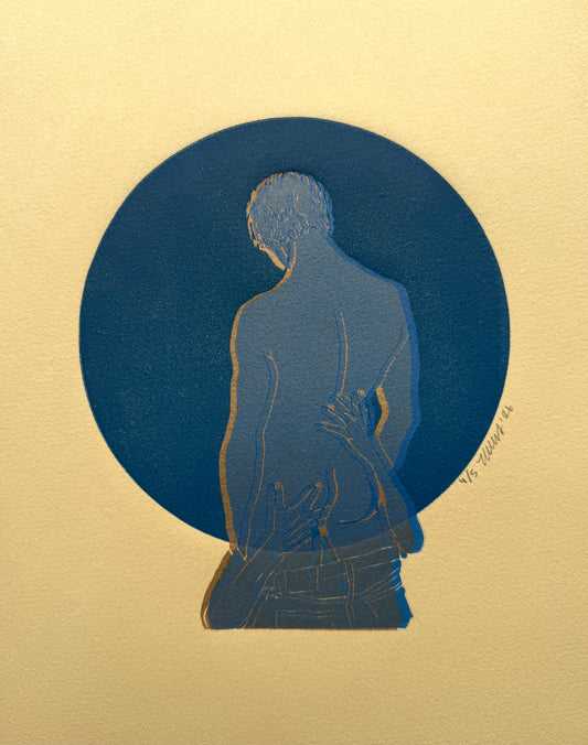 “Boys Will Be Boys - No. 10”. Blue Figure, Gold Shadow. Tan Paper. 8x10 Art. Unmatted.