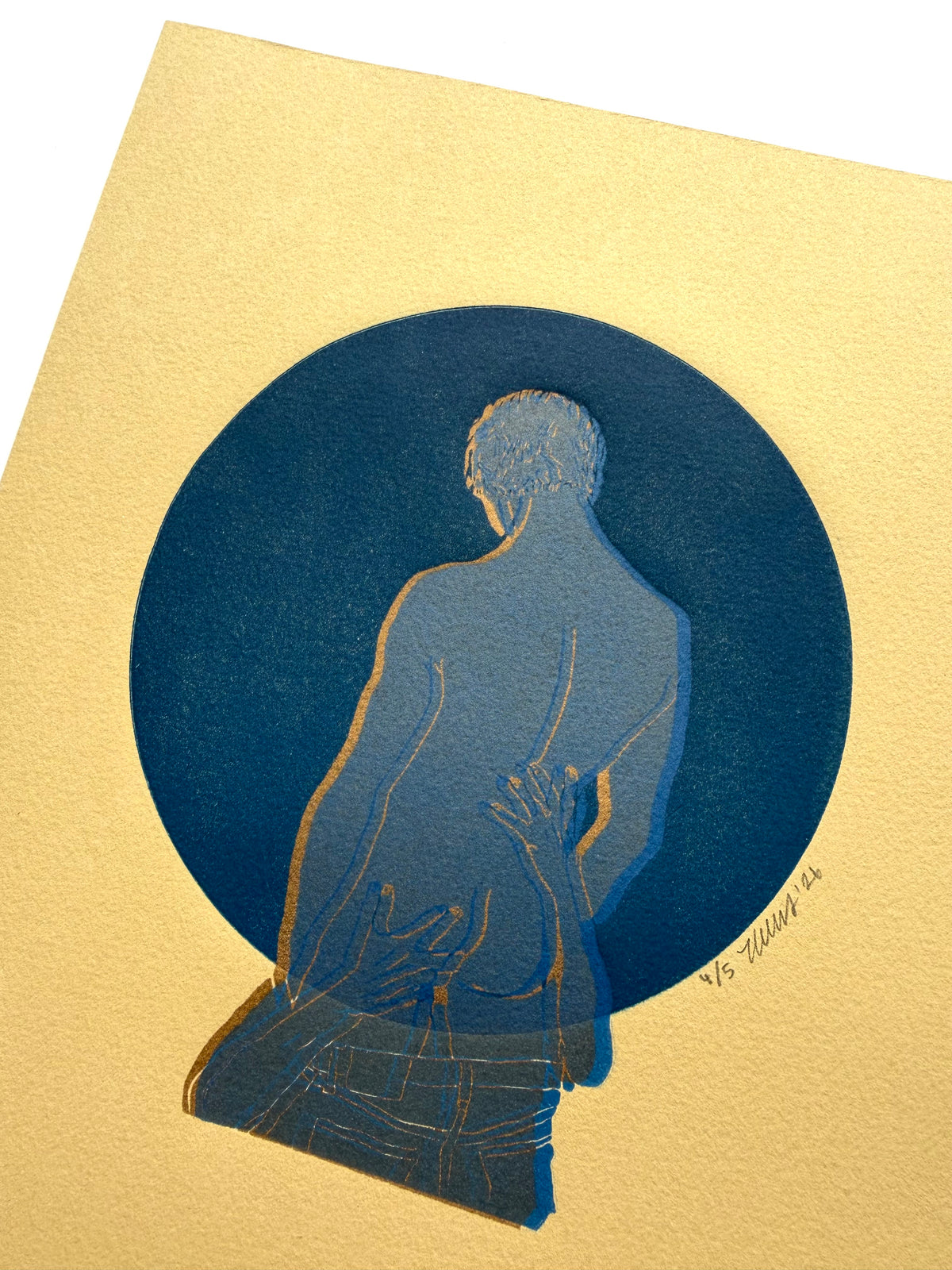 “Boys Will Be Boys - No. 10”. Blue Figure, Gold Shadow. Tan Paper. 8x10 Art. Unmatted.
