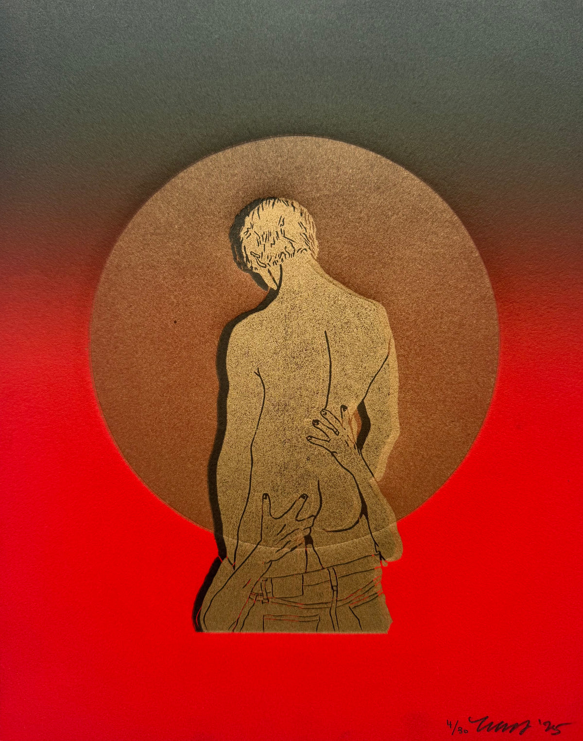“The Gold Standard - No. 5”. Gold Figure, Black Shadow. Red Ombre Paper. 8x10 Art. Unmatted.