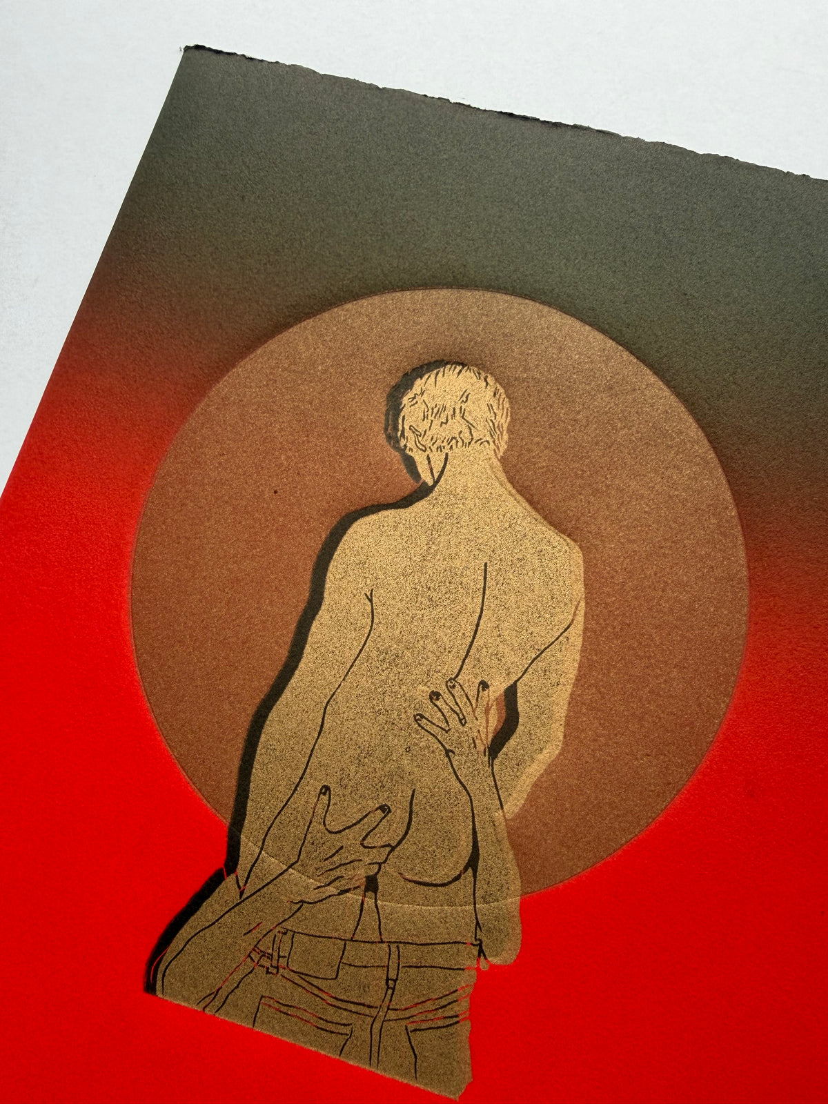 “The Gold Standard - No. 5”. Gold Figure, Black Shadow. Red Ombre Paper. 8x10 Art. Unmatted.