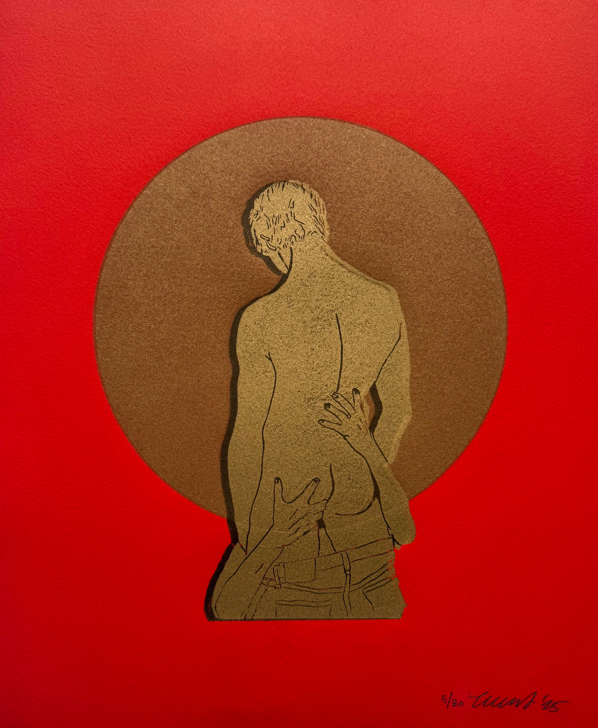 “The Gold Standard - No. 3. Gold Figure, Black Shadow. Red Paper. 8x10 Art. Unmatted.