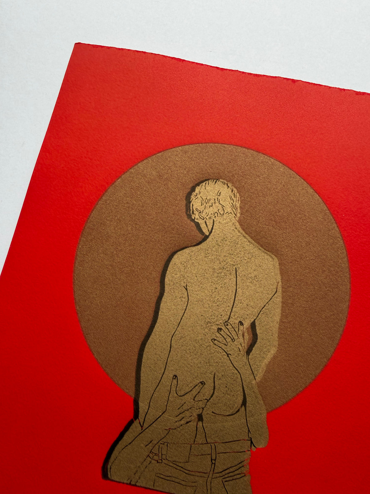 “The Gold Standard - No. 3. Gold Figure, Black Shadow. Red Paper. 8x10 Art. Unmatted.