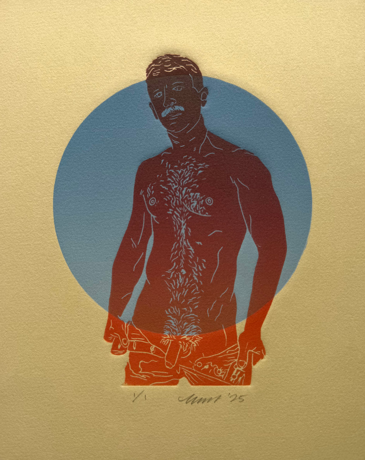 “Daddy”. Red Figure, Blue Circle. Tan Paper. 8x10 Art. Unmatted.
