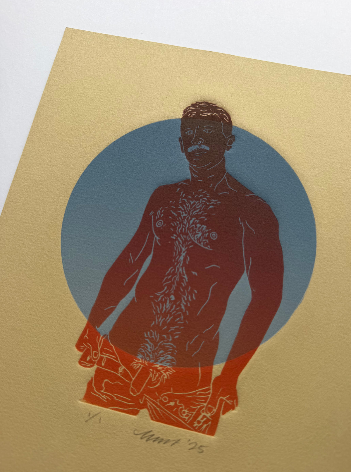 “Daddy”. Red Figure, Blue Circle. Tan Paper. 8x10 Art. Unmatted.