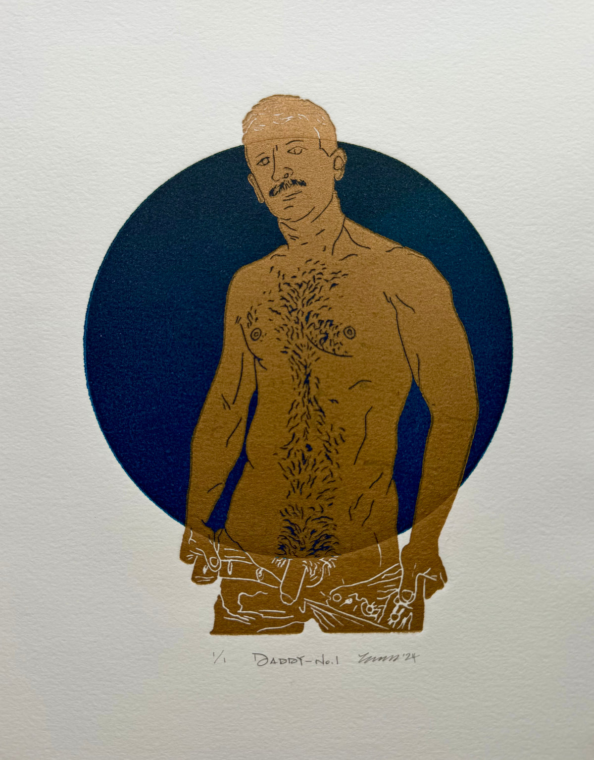 “Daddy - No. 1”. Gold Figure, Blue Circle. 8x10 Art. Unmatted.