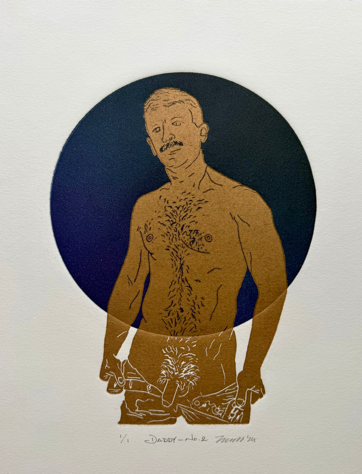 “Daddy - No. 2”. Gold Figure, Dark Blue-Deep Purple Circle. 8x10 Art. Unmatted.