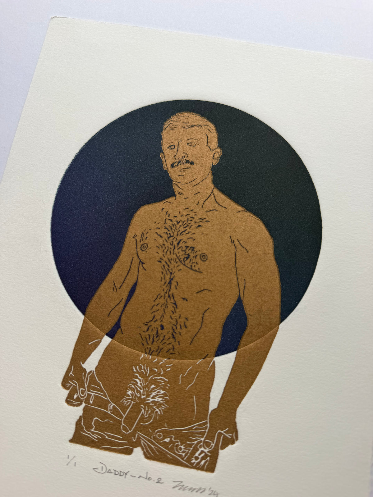 “Daddy - No. 2”. Gold Figure, Dark Blue-Deep Purple Circle. 8x10 Art. Unmatted.