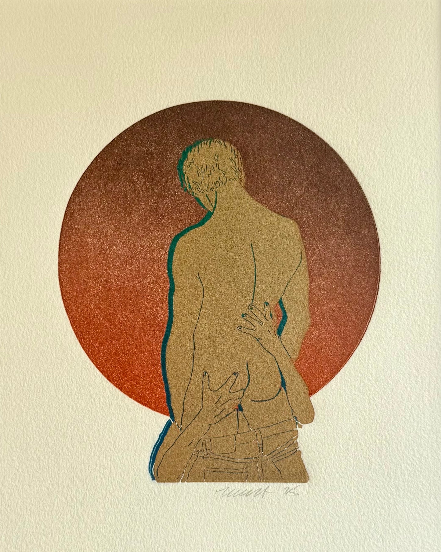 Golden Head. Burgundy Circle. 8x10 Art in 11x14 Mat.