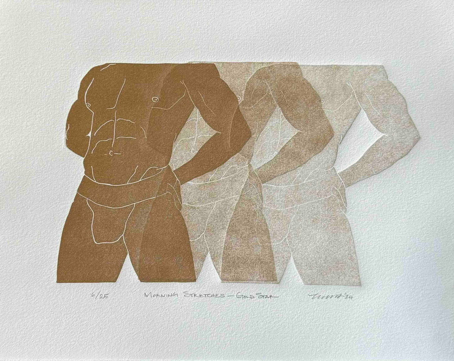 “Morning Stretches - Gold Star” Original Linocut Fine Art
