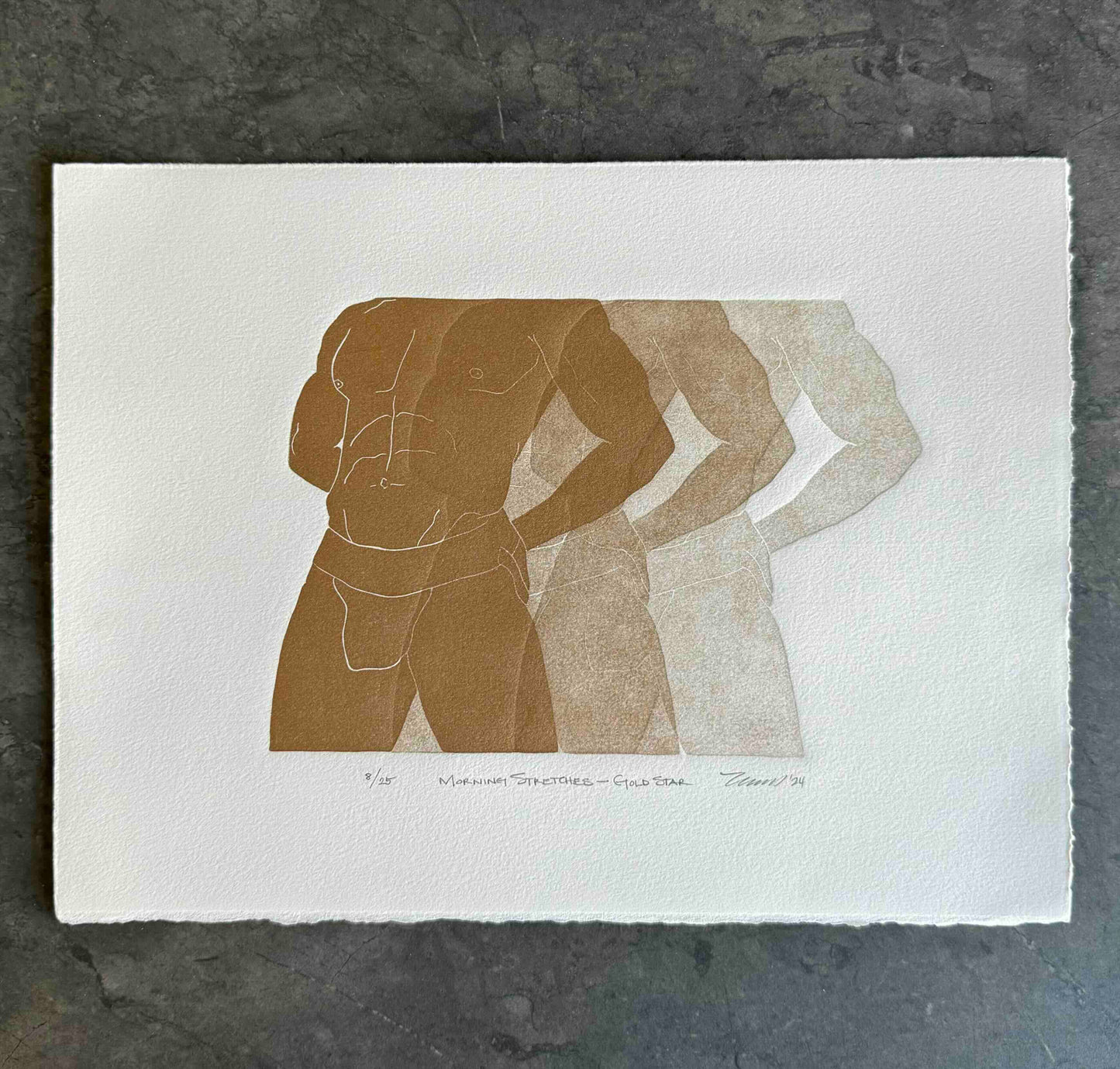 “Morning Stretches - Gold Star” Original Linocut Fine Art