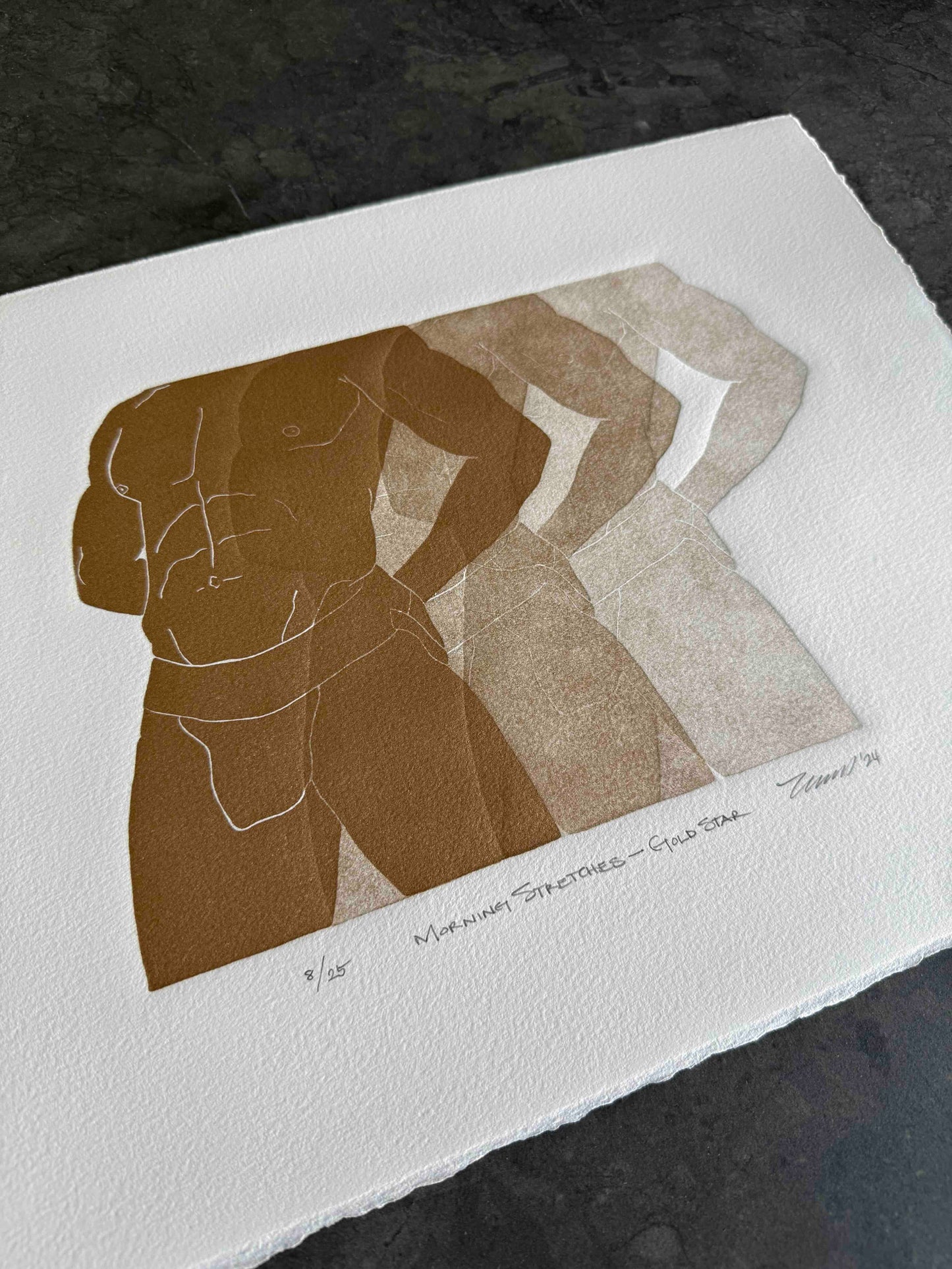 “Morning Stretches - Gold Star” Original Linocut Fine Art