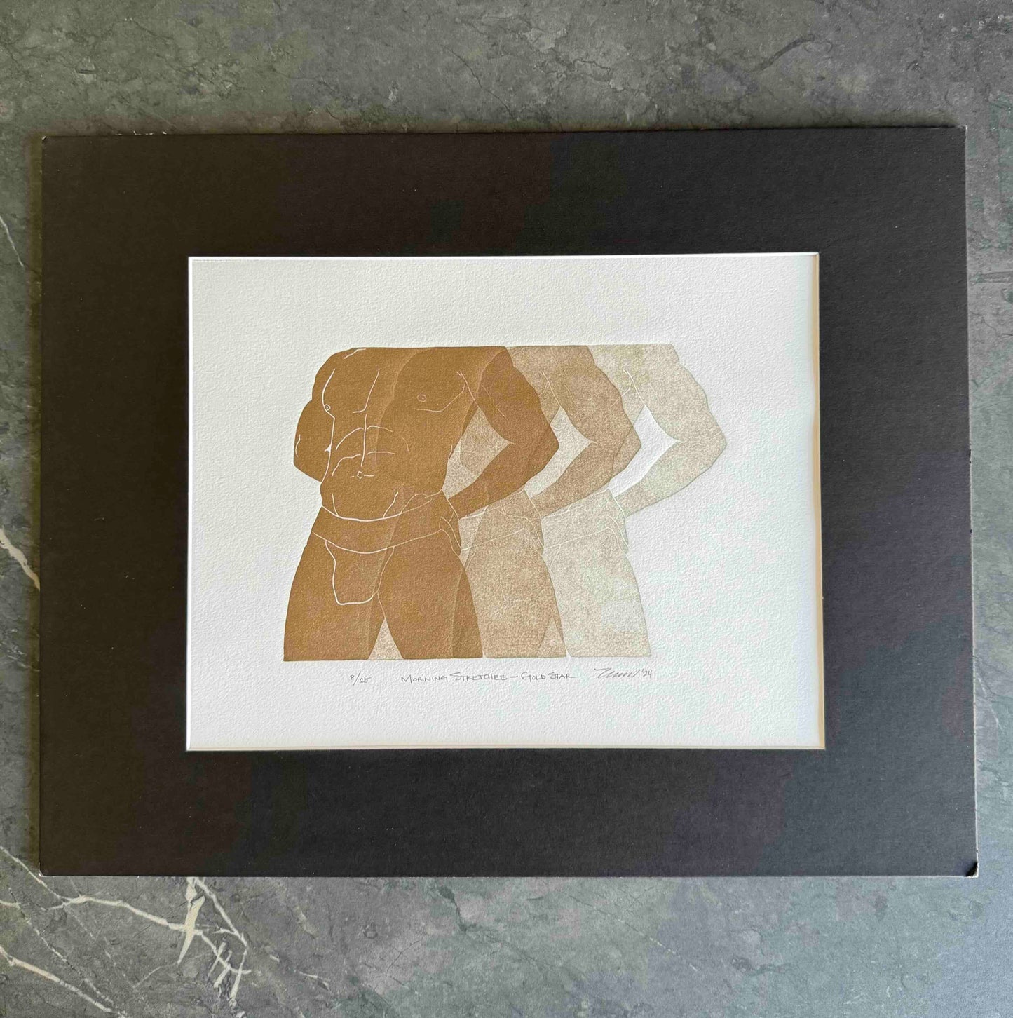 “Morning Stretches - Gold Star” Original Linocut Fine Art