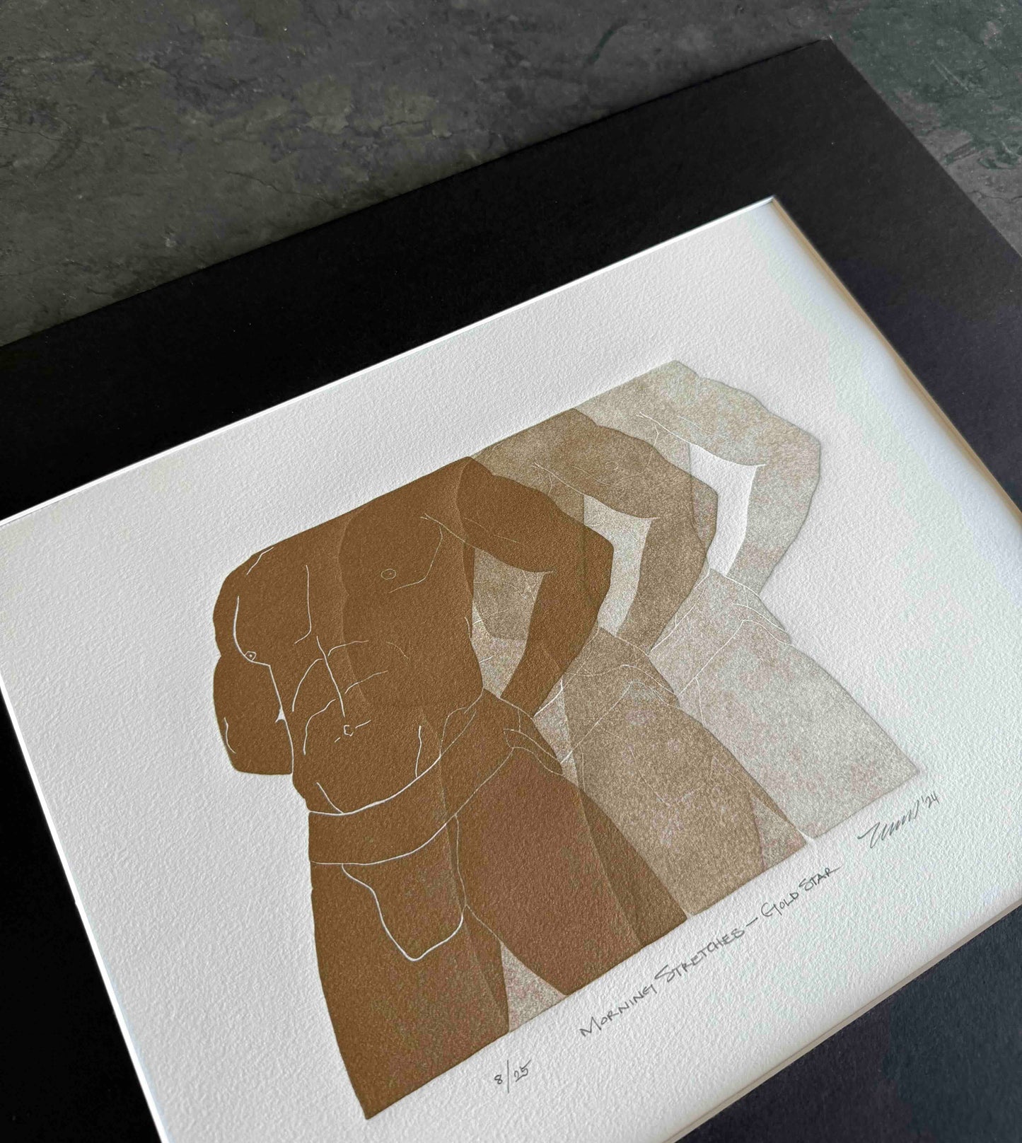 “Morning Stretches - Gold Star” Original Linocut Fine Art